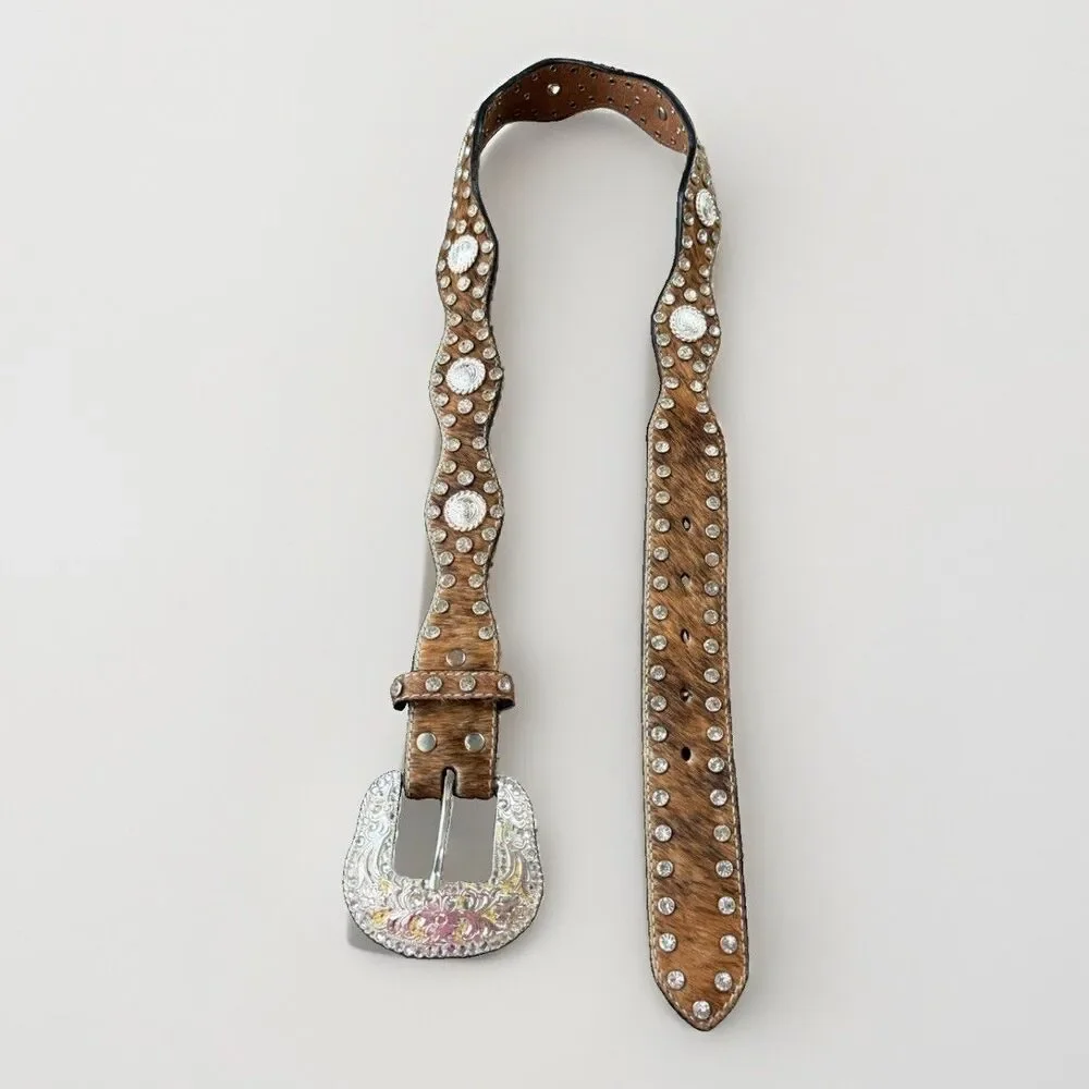 Nocona Womens Western Belt Hair On Hide Leather Rhinestone Concho Silver Small S